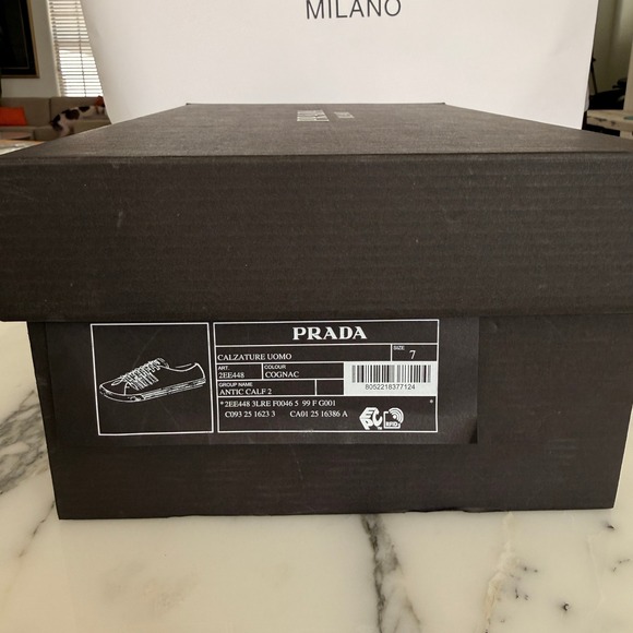 Prada Milano 2EE448 Mens Brown Pebbled Leather Low Top Sneakers, UK 7